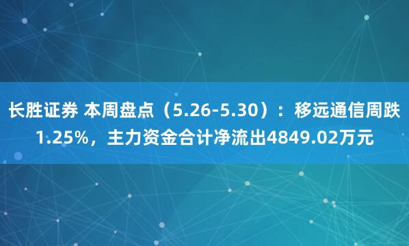 长胜证券 本周盘点（5.26-5.30）：移远通信周跌1.25%，主力资金合计净流出4849.02万元